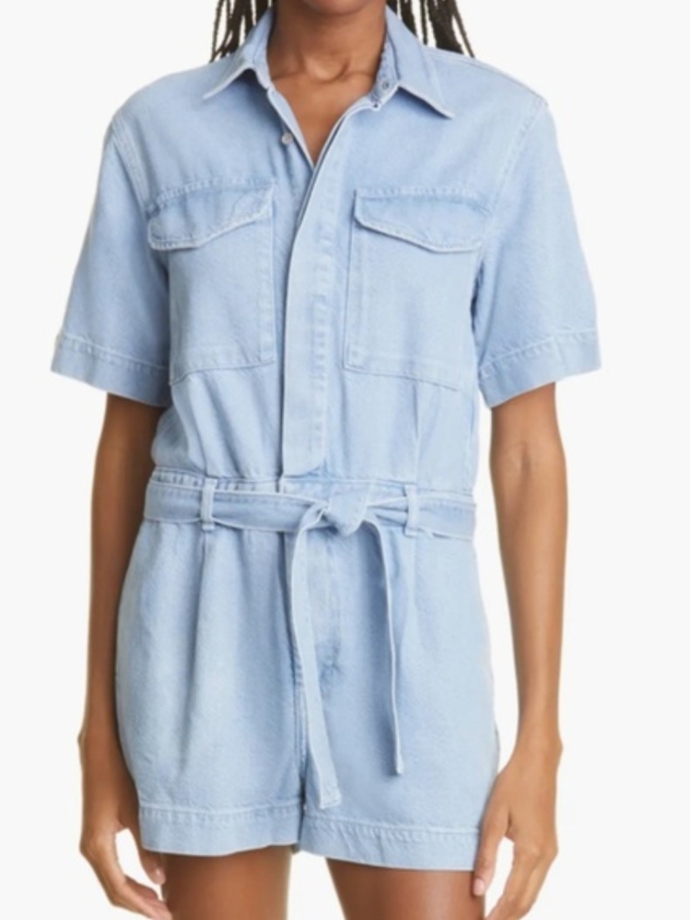 rag & bone Light Blue Denim Short-Sleeve Romper with Tie Waist